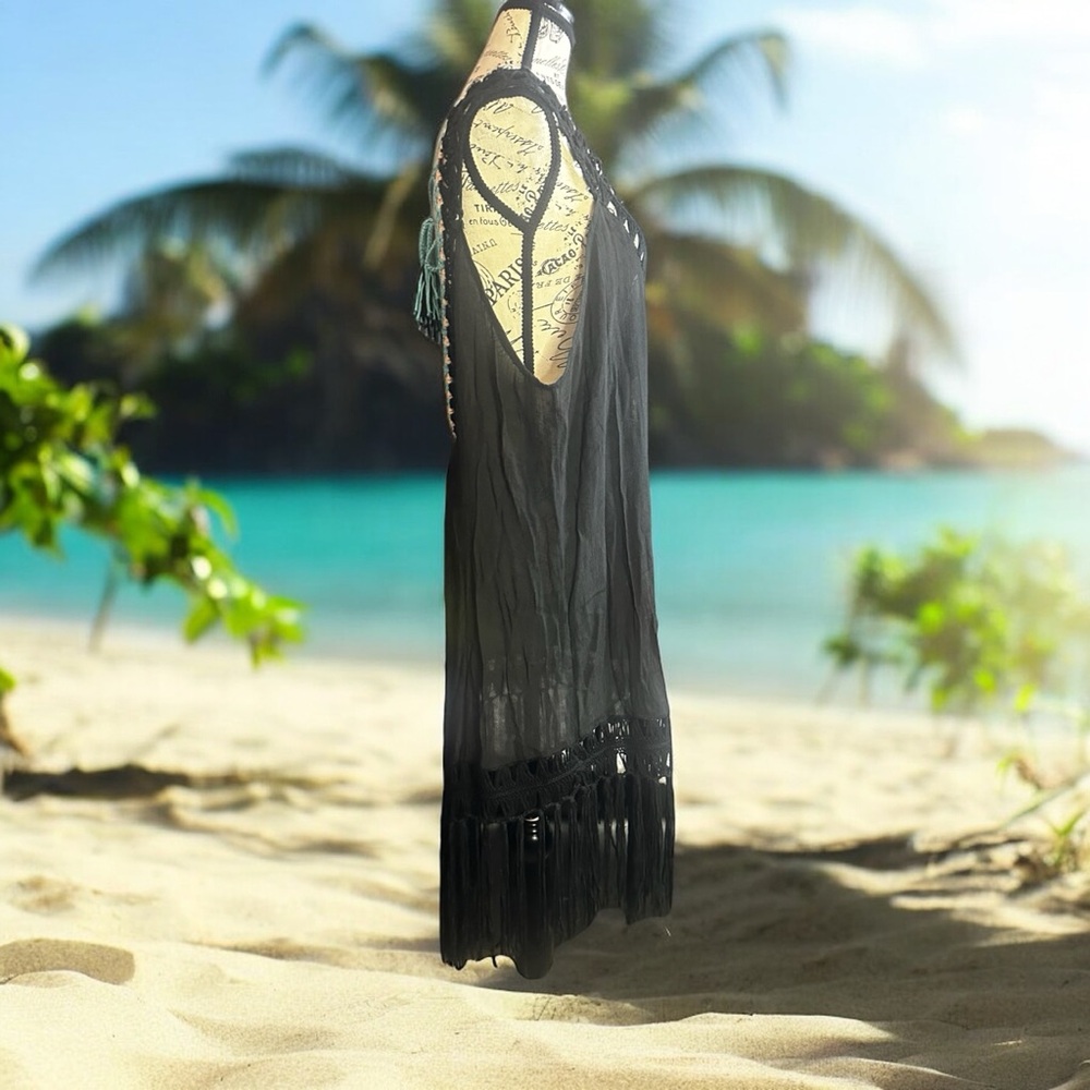 Fringe Floral Black Swim Coverup - Picture 5 of 8